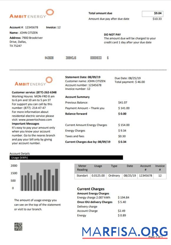 Downloadable USA Texas Ambit Energy utility bill template in Word and PDF format